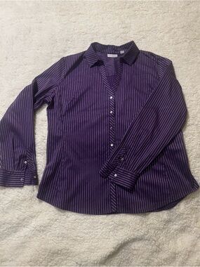 Purple Pinstripe Button-Up Blouse0413